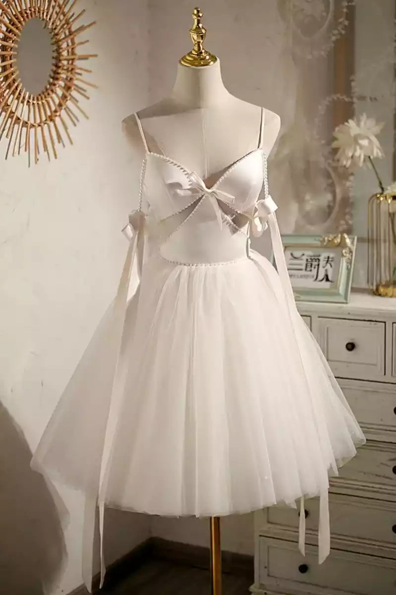 Elegant A-line chiffon short, thin shoulder strap, sleeveless neckline, bow tie, back, Prom Dresses